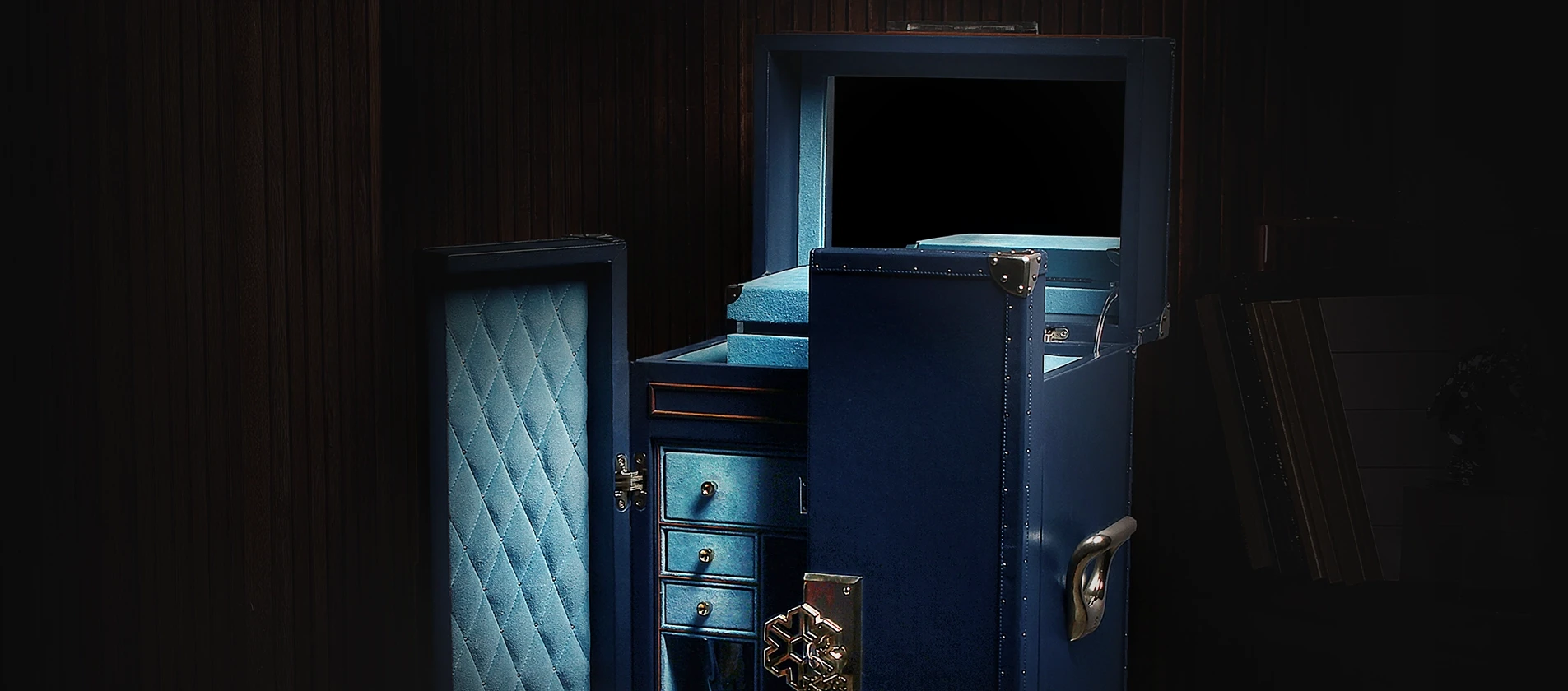 Handcrafted Bar & Poker Trunk with illuminated interior, drawers, and made-to-measure niches