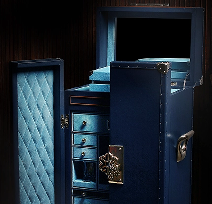 Handcrafted Bar & Poker Trunk with illuminated interior, drawers, and made-to-measure niches