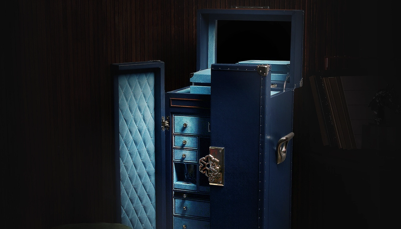 Handcrafted Bar & Poker Trunk with illuminated interior, drawers, and made-to-measure niches