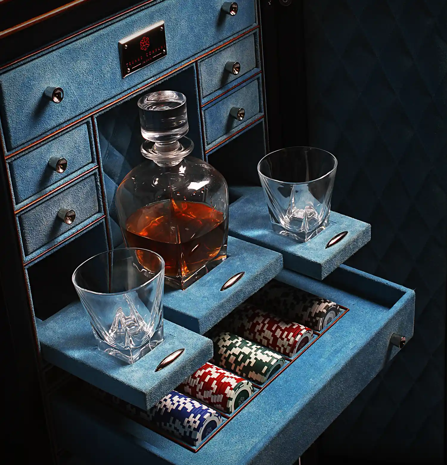 Handcrafted Bar & Poker Trunk featuring whiskey decanter, crystal glasses, and poker chip drawer
