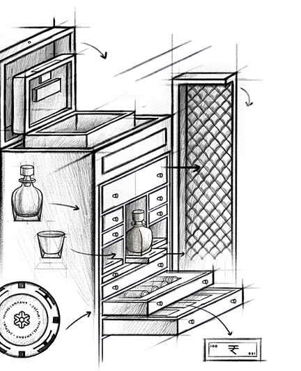 Design sketch illustrating the handcrafted Bar & Poker Trunk and its interior layout