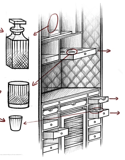 Design sketch illustrating the interior layout of the handcrafted Large Bar Cabinet