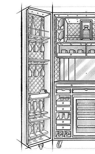 Concept sketch showcasing the handcrafted Large Bar Cabinet design and interior configuration