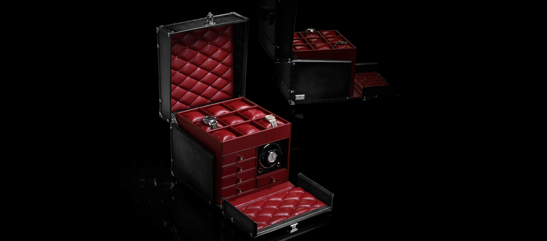 Handcrafted Large Watch Trunk with leather interior, watch cushions, and watch winder