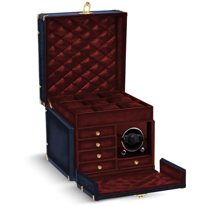 Handcrafted Watch Trunk with leather interior, watch cushions, and watch winder