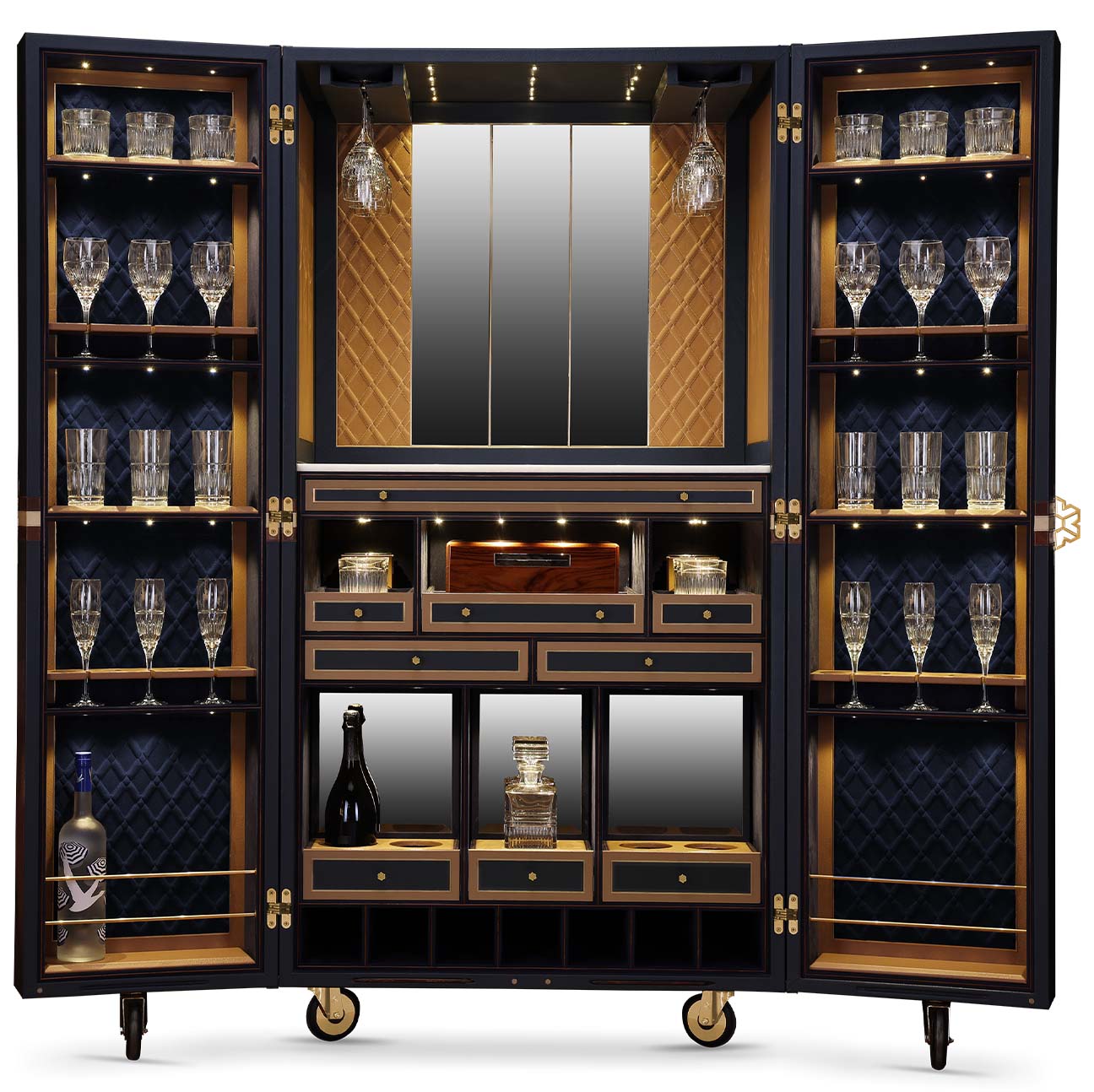 illuminated mirrored interior, crystalware, and handcrafted drawers