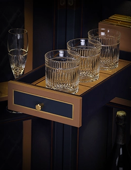 exterior with leather finish, Evolution insignia, brass hardware, and crystalware